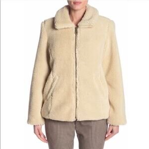Sebby collection cream teddy coat faux fur front zipper women's size medium